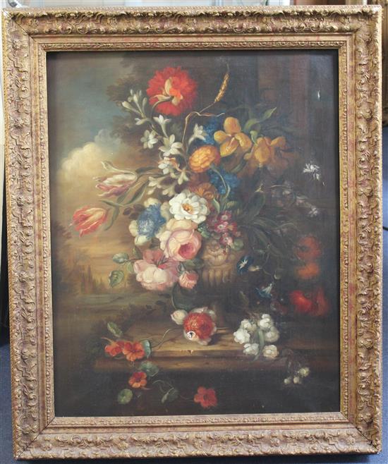 Continental School Still life of flowers in a vase upon a ledge, 30 x 24in.